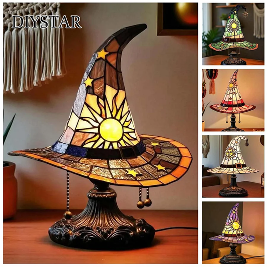DIYSTARStained Glass Witch Hat Lamp, Halloween LED Desk Light for Home Bar Cafe Decor, Vintage Table Lamp, Housewarming Gift, Fall Holidays Accent