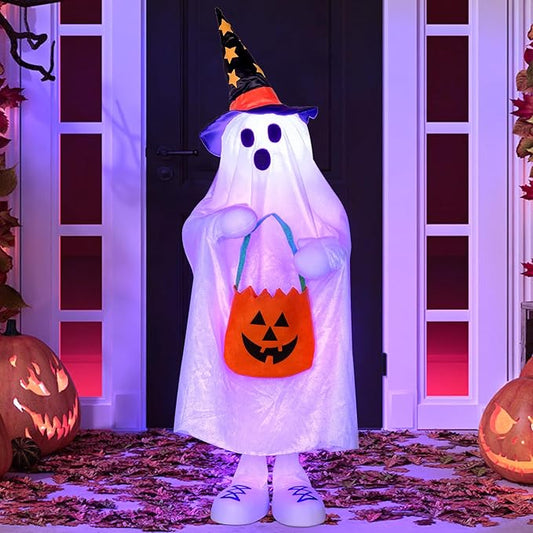Lighted Halloween Ghost Decoration with Witch Hat & Pumpkin Bag – Spooky Yard & Porch Decor VNP